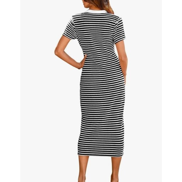 BTFBM Womens Casual Midi Dress Med Short Sleeve Striped Ribbed Knit Button - Picture 2 of 11